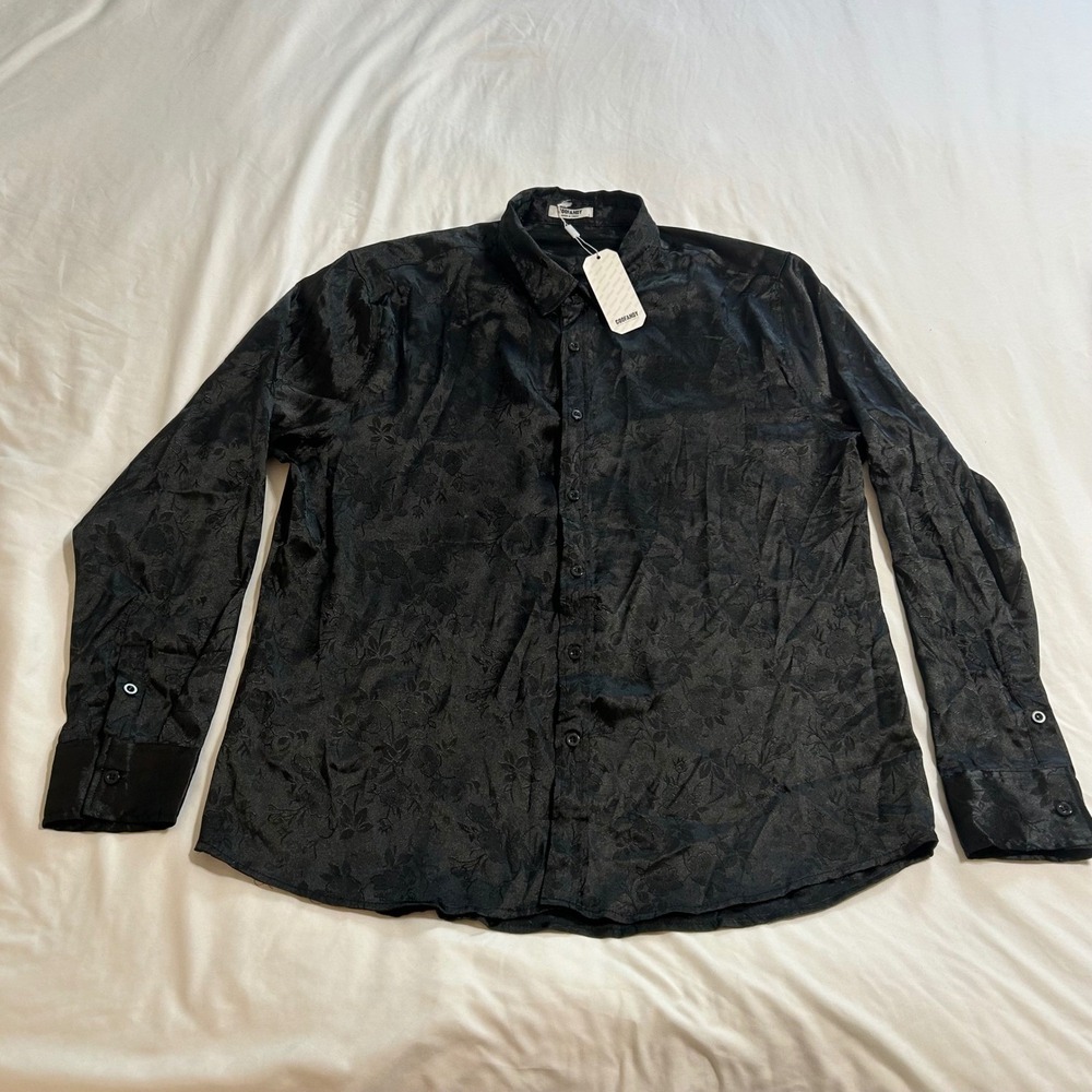 COOFANDY Mens Black Floral Jacquard Long Sleeve Button Down Dress Shirt Large